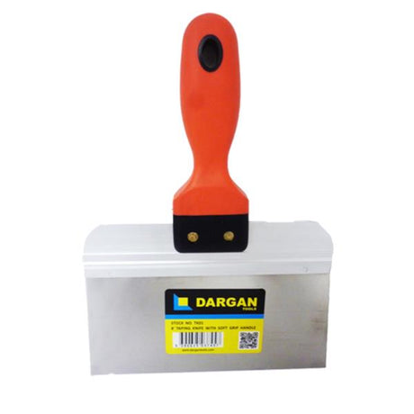 A Dargan brand flat blade trowel with a bright orange handle, black connector, and a silver metal blade, shown against a plain white background.