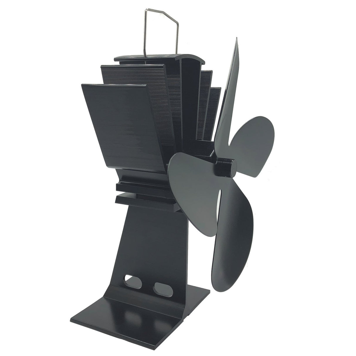 A black metal boat fan with three blades and a mounting bracket, shown on a solid white background. De Vielle Heritage 4 Blade Stove Fan