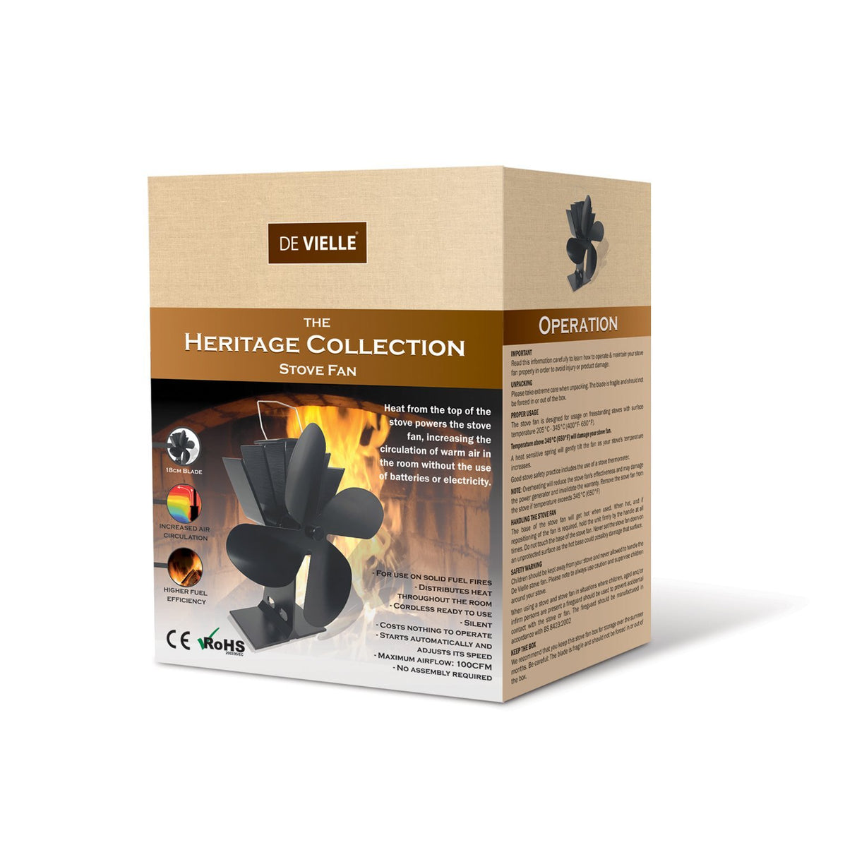 A product box for the DE VIELLE Heritage Collection Stove Fan, shown at a three-quarter angle on a white background. The packaging is made of textured kraft paper with brown and black printed graphics and text detailing the product and its operation. De Vielle Heritage 4 Blade Stove Fan