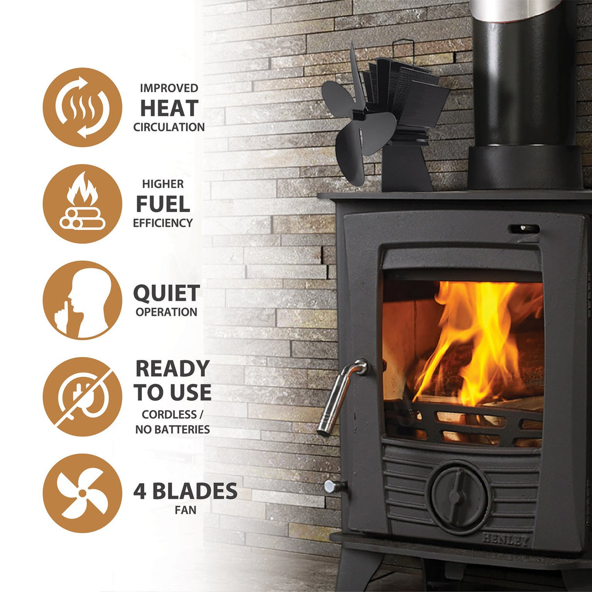 A black wood-burning stove with a visible fire inside, shown next to a white text panel listing features such as improved heat circulation, higher fuel efficiency, quiet operation, cordless ready-to-use batteries, and a 4-blade fan. The stove is set against a light stone wall, and a black fan is mounted above it. De Vielle Heritage 4 Blade Stove Fan