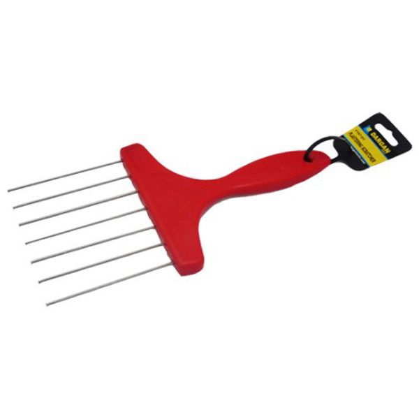 A red plastic and metal garden spade with five metal tines, shown with its retail hang tag on a plain white background.