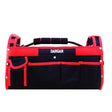 A Dargan tool carrier bag in black and red canvas, featuring multiple front utility pockets, a top handle, and silver metal rivets, shown against a plain white background.