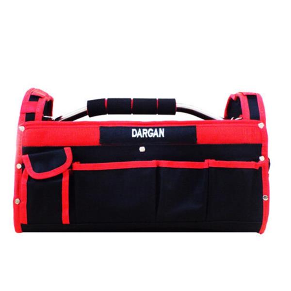 A Dargan tool carrier bag in black and red canvas, featuring multiple front utility pockets, a top handle, and silver metal rivets, shown against a plain white background.