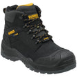 A black leather lace-up ankle boot with a rugged sole, shown from a three-quarters angle on a white background.