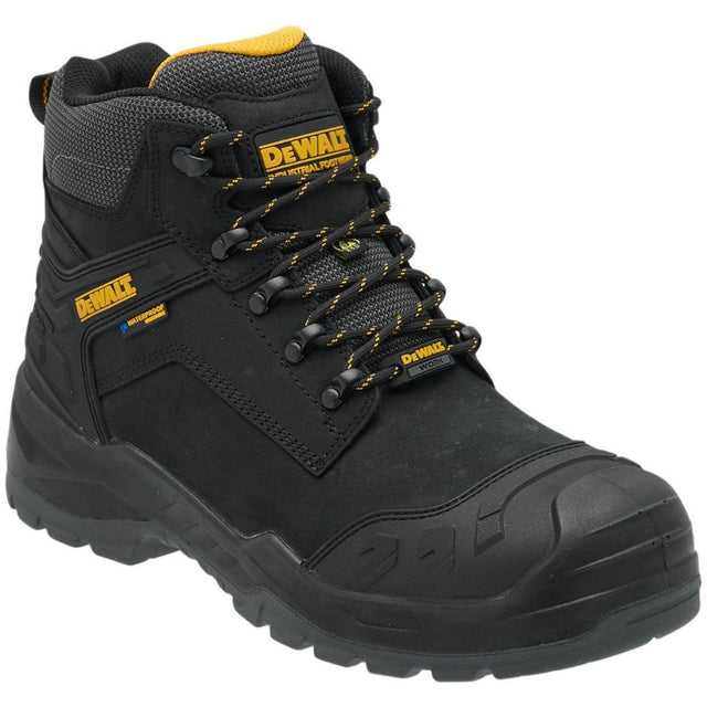 A black leather lace-up ankle boot with a rugged sole, shown from a three-quarters angle on a white background.