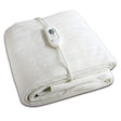 A folded white heated blanket with an attached white wired control unit, shown on a plain white background.