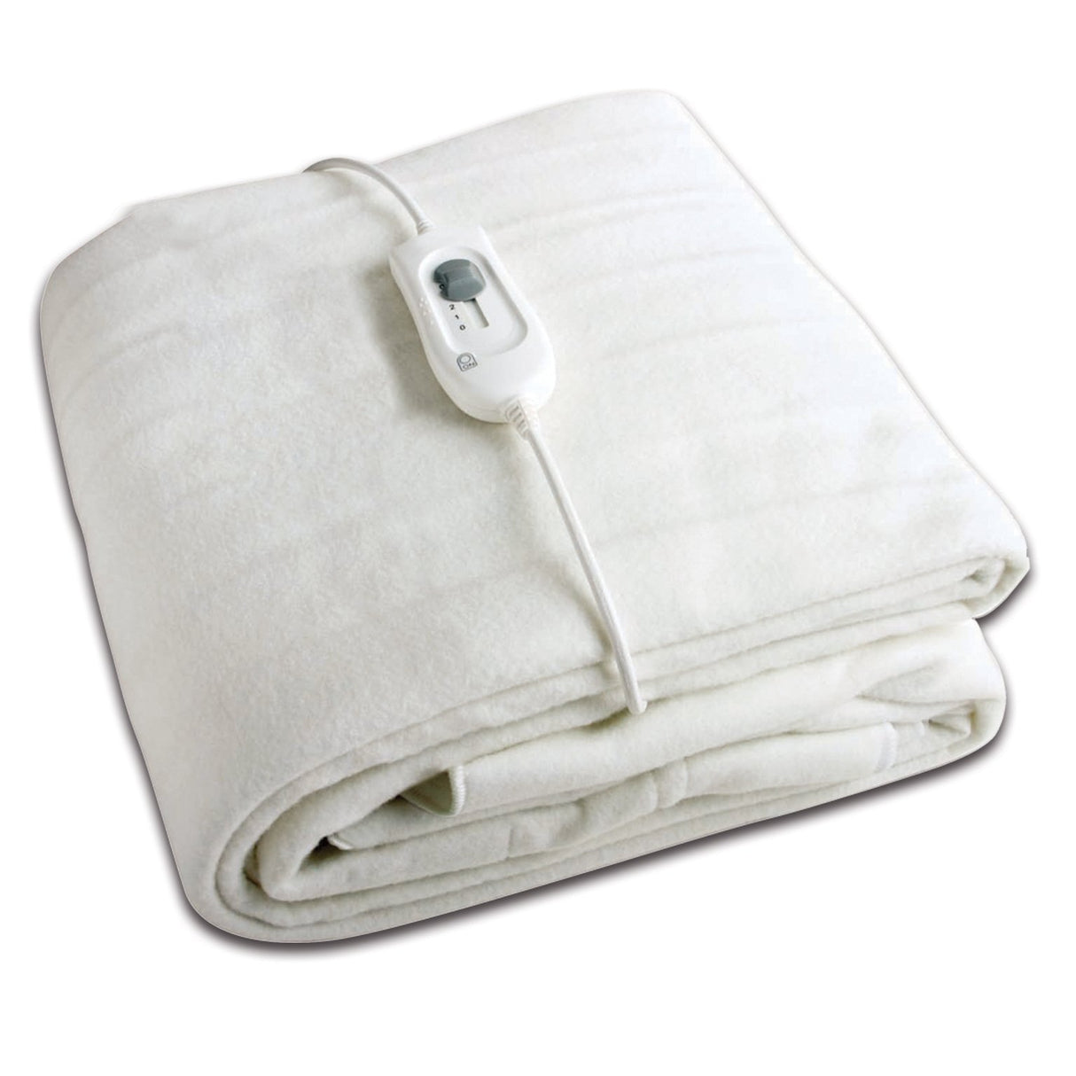 A folded white heated blanket with an attached white wired control unit, shown on a plain white background.