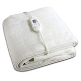 A folded white heated blanket with an attached white wired control unit, shown on a plain white background.
