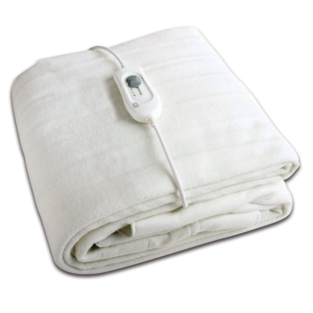 A folded white heated blanket with an attached white wired control unit, shown on a plain white background.