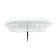 A clear, inflatable air mattress or pool float resting on a black and silver support pole, isolated on a solid white background.