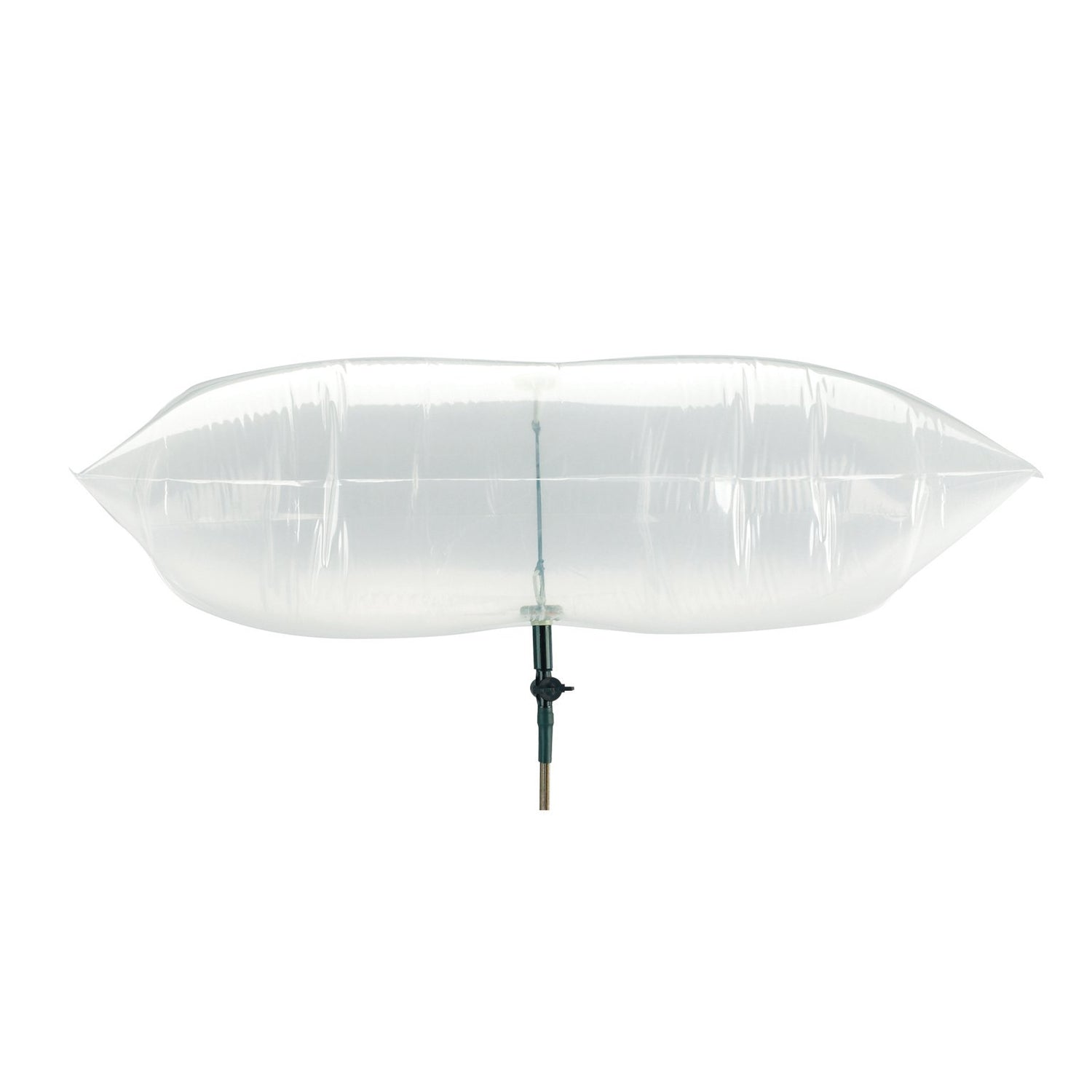 A clear, inflatable air mattress or pool float resting on a black and silver support pole, isolated on a solid white background.