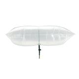 A clear, inflatable air mattress or pool float resting on a black and silver support pole, isolated on a solid white background.