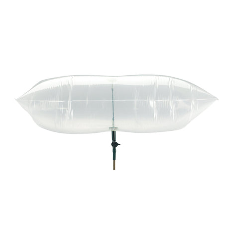 A clear, inflatable air mattress or pool float resting on a black and silver support pole, isolated on a solid white background.