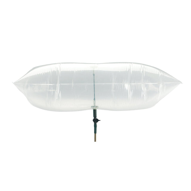 A clear, inflatable air mattress or pool float resting on a black and silver support pole, isolated on a solid white background.