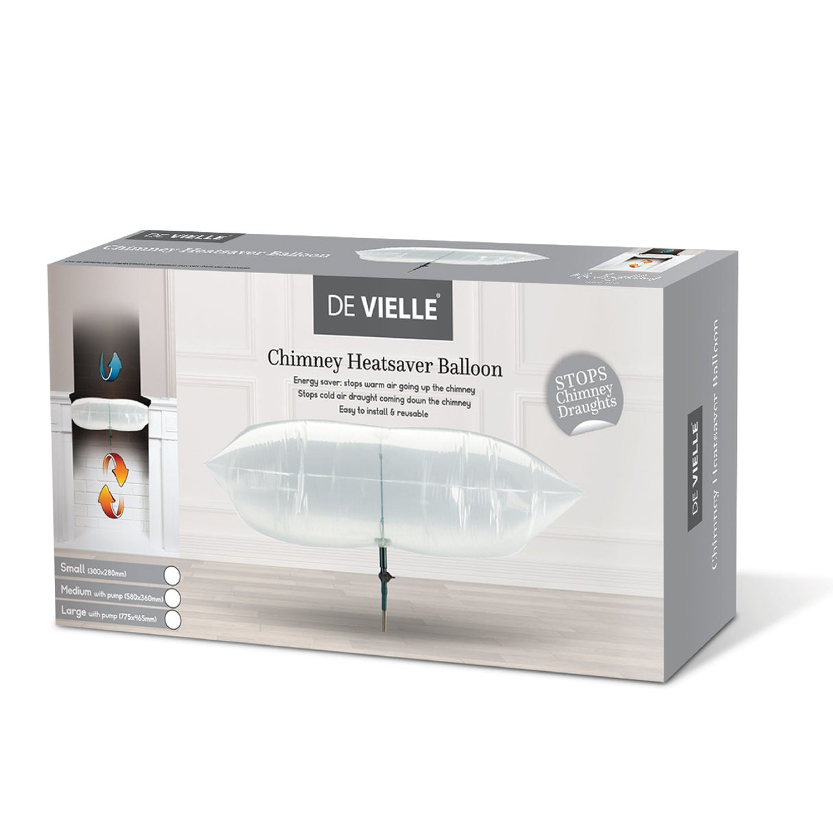 Box of De Vielle Chimney Heatsaver Balloon on a white background