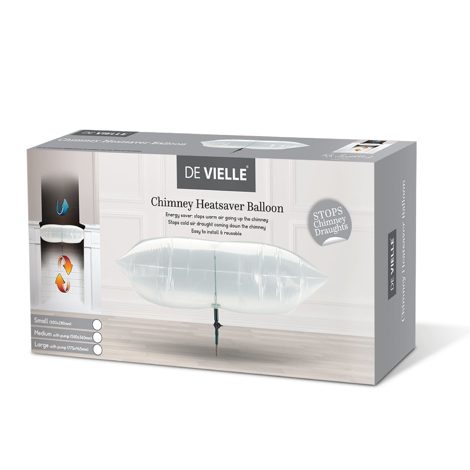 Box of De Vielle Chimney Heatsaver Balloon on a white background