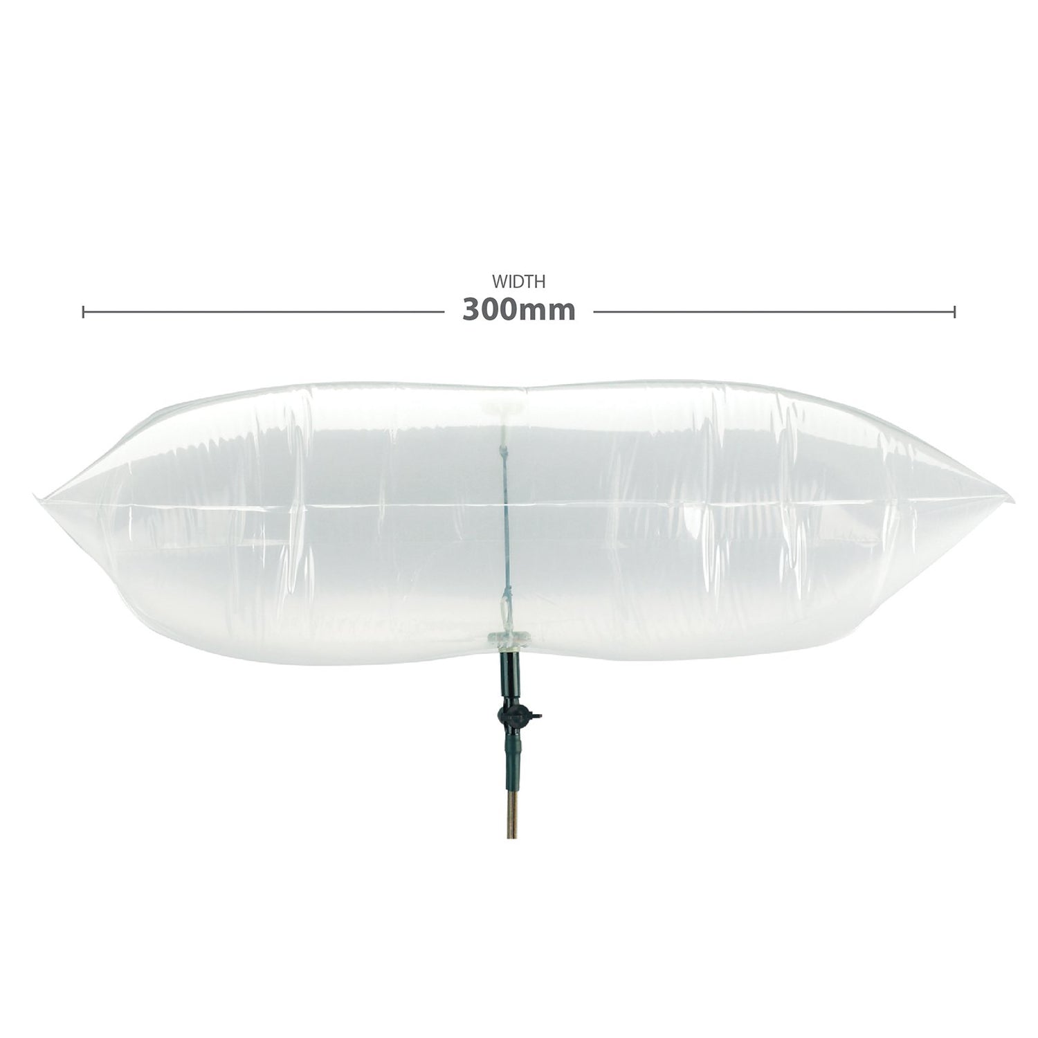 A clear inflatable studio light modifier or diffuser panel mounted on a stand, shown against a white background with a width measurement label reading 300mm above it.