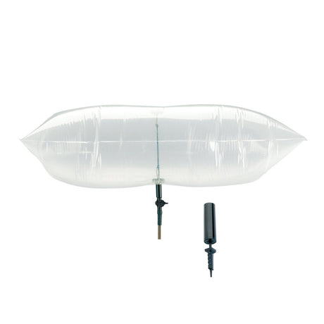 A clear inflatable pool float with a black pump, shown against a solid white background.