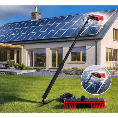 A solar-powered roof cleaning brush with an extendable black pole and red bristles is shown on a green lawn in front of a house with solar panels. A circular inset shows the brush in action on the solar panels, and the main product is displayed on the grass with its hose attached.