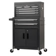 Black tool cabinet with multiple drawers and a door on wheels, featuring the Draper brand.
Draper Combined Roller Cabinet and Tool Chest | 8 Drawer - 24"