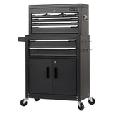 Black tool cabinet with multiple drawers and a door on wheels, featuring the Draper brand.
Draper Combined Roller Cabinet and Tool Chest | 8 Drawer - 24"