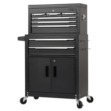 Black tool cabinet with multiple drawers and a door on wheels, featuring the Draper brand.
Draper Combined Roller Cabinet and Tool Chest | 8 Drawer - 24"