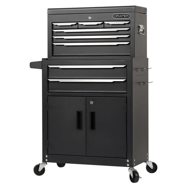 Black tool cabinet with multiple drawers and a door on wheels, featuring the Draper brand.
Draper Combined Roller Cabinet and Tool Chest | 8 Drawer - 24"