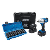 Draper D20 20V Brushless Mid-Torque Impact Wrench Kit, 1/2" Sq. Dr. & Metric Deep Impact Socket Set (10 Piece)