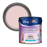 A can of Dulux Disney Tangled Princess Blush paint with the lid removed, showing the pale pink paint color inside. The can features the Disney and Dulux logos, along with illustrations of Rapunzel and a white dog.