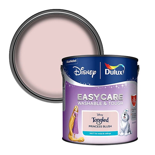A can of Dulux Disney Tangled Princess Blush paint with the lid removed, showing the pale pink paint color inside. The can features the Disney and Dulux logos, along with illustrations of Rapunzel and a white dog.