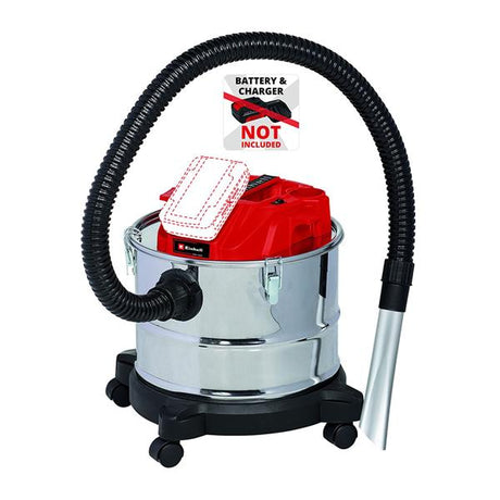 A cordless wet/dry vacuum cleaner with a silver metal canister body, black base and hose, and a red top lid. It has a flexible hose, a silver wand attachment, and a white dust cup.