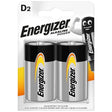 A retail blister pack of two Energizer D2 alkaline batteries on a white background. The batteries are silver with black tops and feature the yellow and orange Energizer logo.