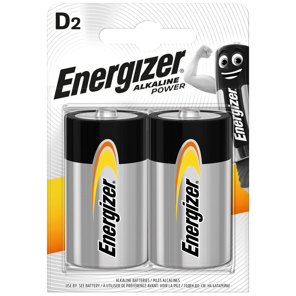 A retail blister pack of two Energizer D2 alkaline batteries on a white background. The batteries are silver with black tops and feature the yellow and orange Energizer logo.