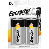 A retail blister pack of two Energizer D2 alkaline batteries on a white background. The batteries are silver with black tops and feature the yellow and orange Energizer logo.