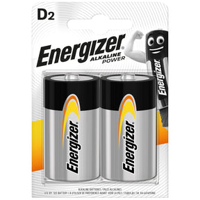A retail blister pack of two Energizer D2 alkaline batteries on a white background. The batteries are silver with black tops and feature the yellow and orange Energizer logo.