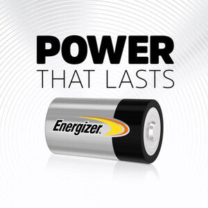 An Energizer AA battery shown horizontally on a white background with a faint circular pattern. Above the battery, the text 'POWER THAT LASTS' is displayed in bold black letters.