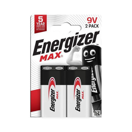 A 2-pack of Energizer MAX 9V batteries in their original blister card packaging, featuring the Energizer brand logo and the iconic cartoon battery character.