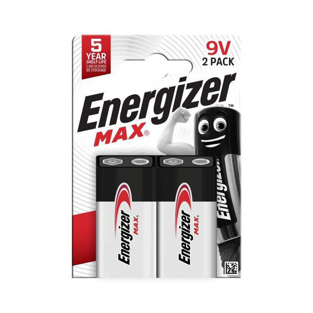 A 2-pack of Energizer MAX 9V batteries in their original blister card packaging, featuring the Energizer brand logo and the iconic cartoon battery character.
