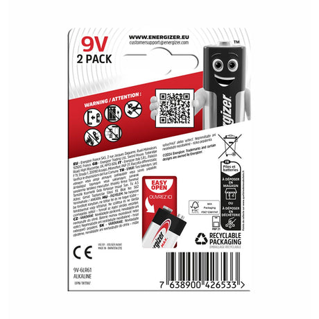 Back packaging of a 9V 2-pack of carbonizer alkaline batteries from www.energizer.