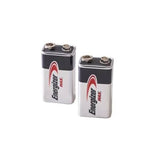 Two Energizer MAX. 9V batteries standing upright on a plain white background.