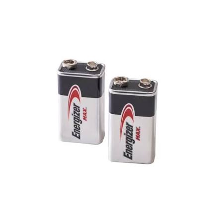 Two Energizer MAX. 9V batteries standing upright on a plain white background.