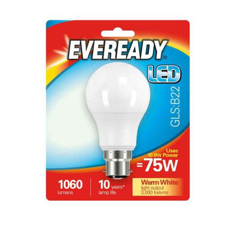 Eveready 10.8W LED Frosted GLS B22 Lightbulb | Warm Light