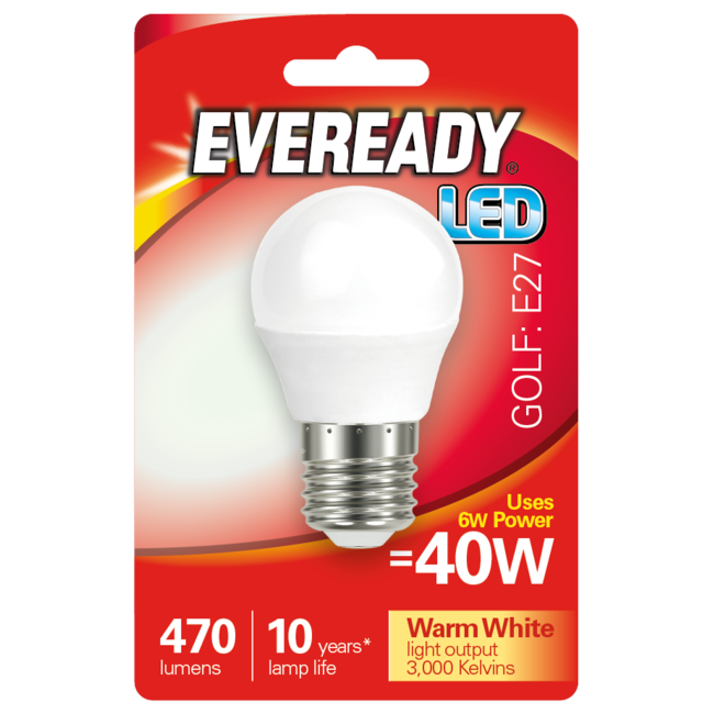 Eveready 6w (40w) E27 Led Golf Ball 470 Lumens | Warm White