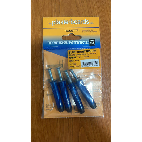 Shop Expandet Rosett countersunk screws M5×65mm blue pack of 4 for secure plasterboard fixing. Buy online at Ted Johnsons with fast delivery Ireland.