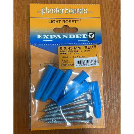 Expandet Rosett Light Blue Plasterboard Plugs + Screws - 6x35mm | Pack of 6