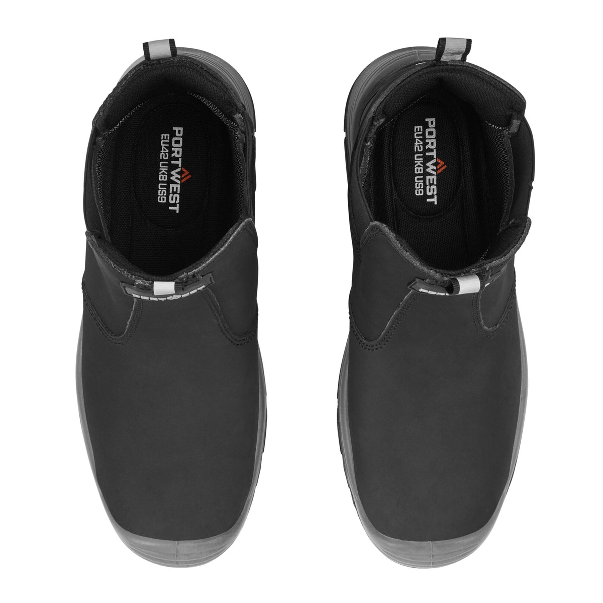 A pair of black slip-on safety boots shown from a top-down view on a white background, with the Port West Safety Gear logo visible on the inner sole.