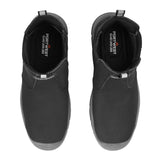 A pair of black slip-on safety boots shown from a top-down view on a white background, with the Port West Safety Gear logo visible on the inner sole.
