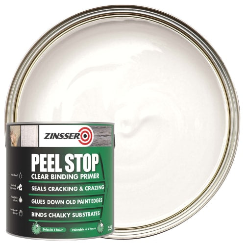 A can of Zinsser Peel Stop Clear Binding Primer shown in front of an open metal paint can filled with white paint, on a plain white background.