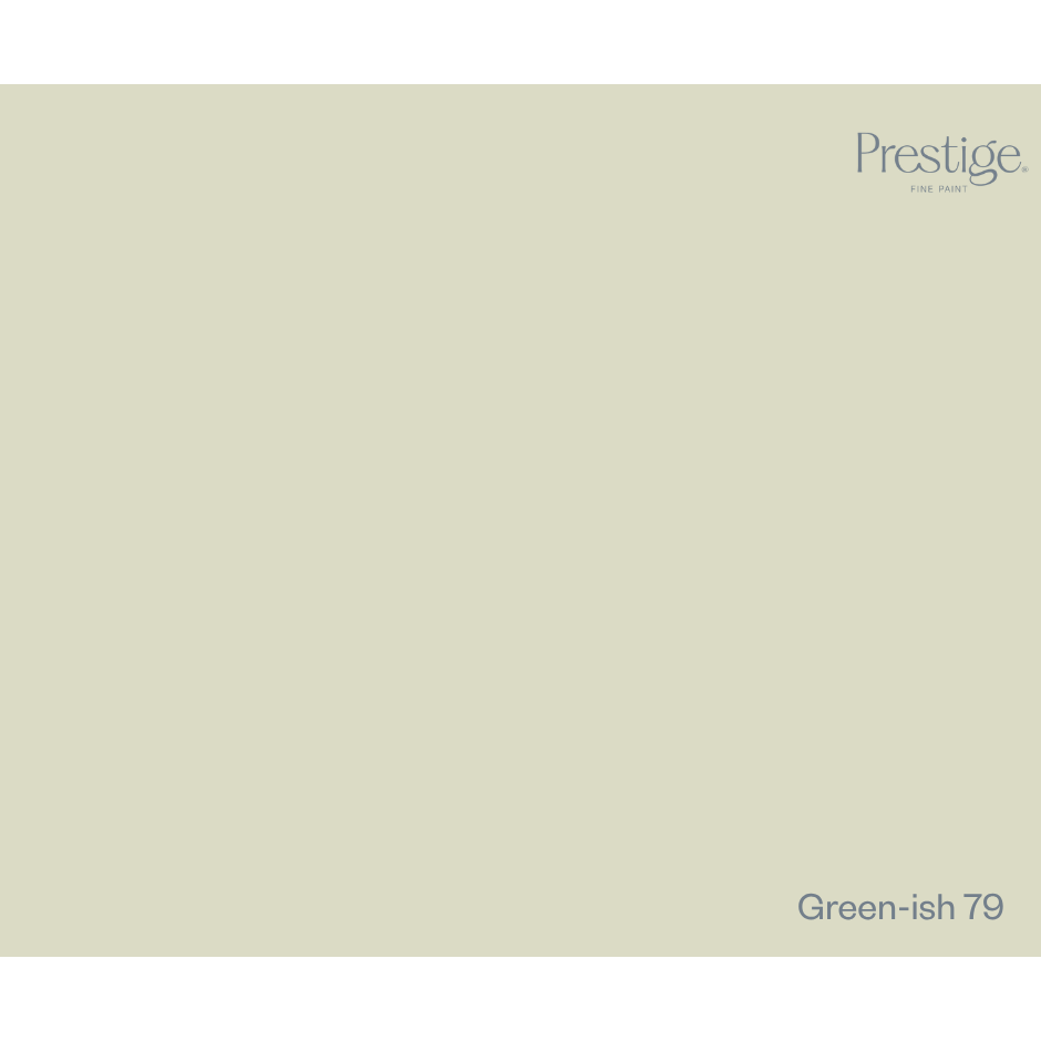 A flat, solid color swatch card in a muted sage green with the Prestige brand logo in the top right and the text 'Green-ish 79' in the bottom right.