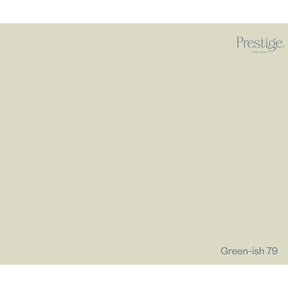 A flat, solid color swatch card in a muted sage green with the Prestige brand logo in the top right and the text 'Green-ish 79' in the bottom right.
